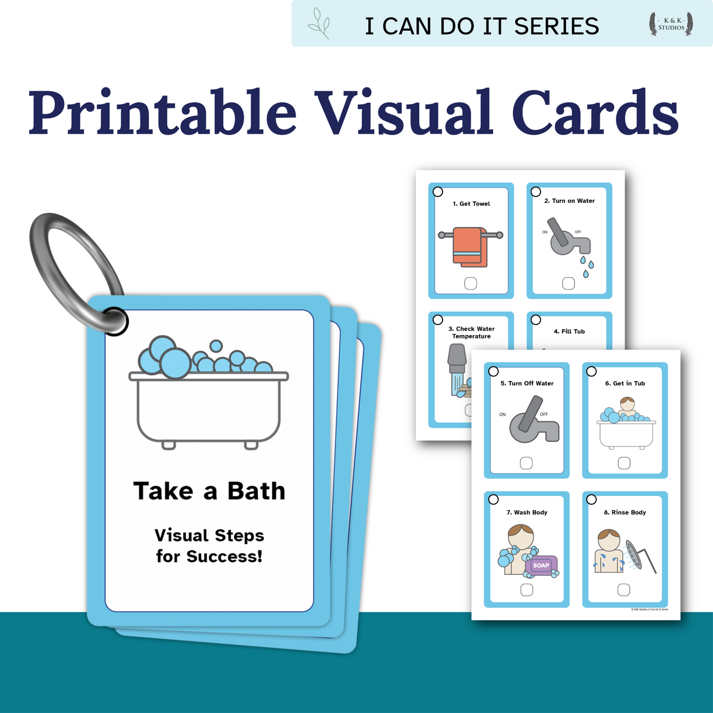 Set of printable visual cards for 'Take a Bath' with step-by-step instructions.