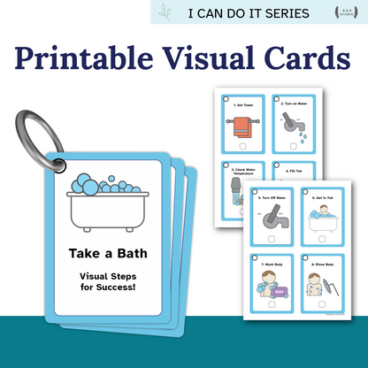 Set of printable visual cards for 'Take a Bath' with step-by-step instructions.