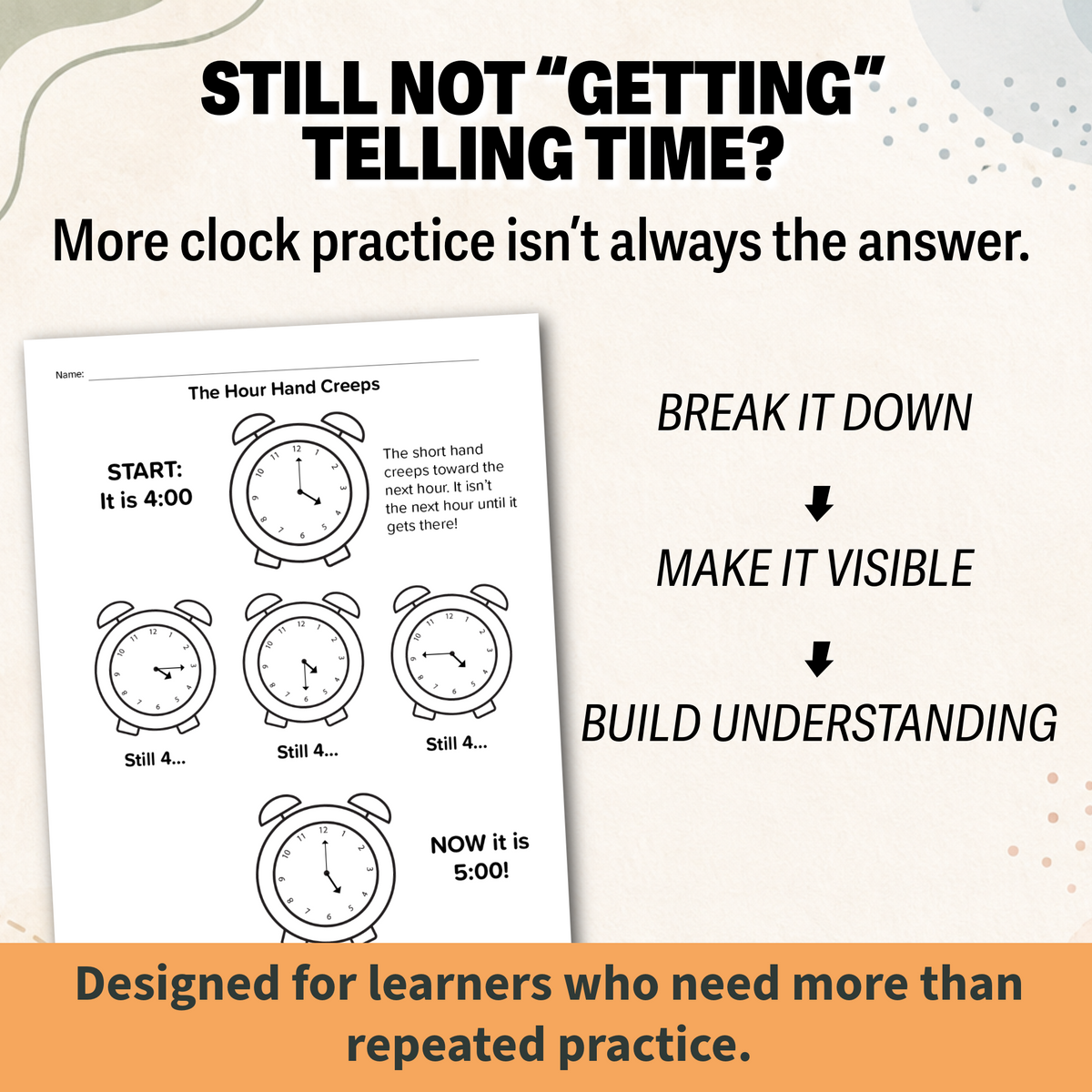 Telling time resource page showing a clock worksheet.