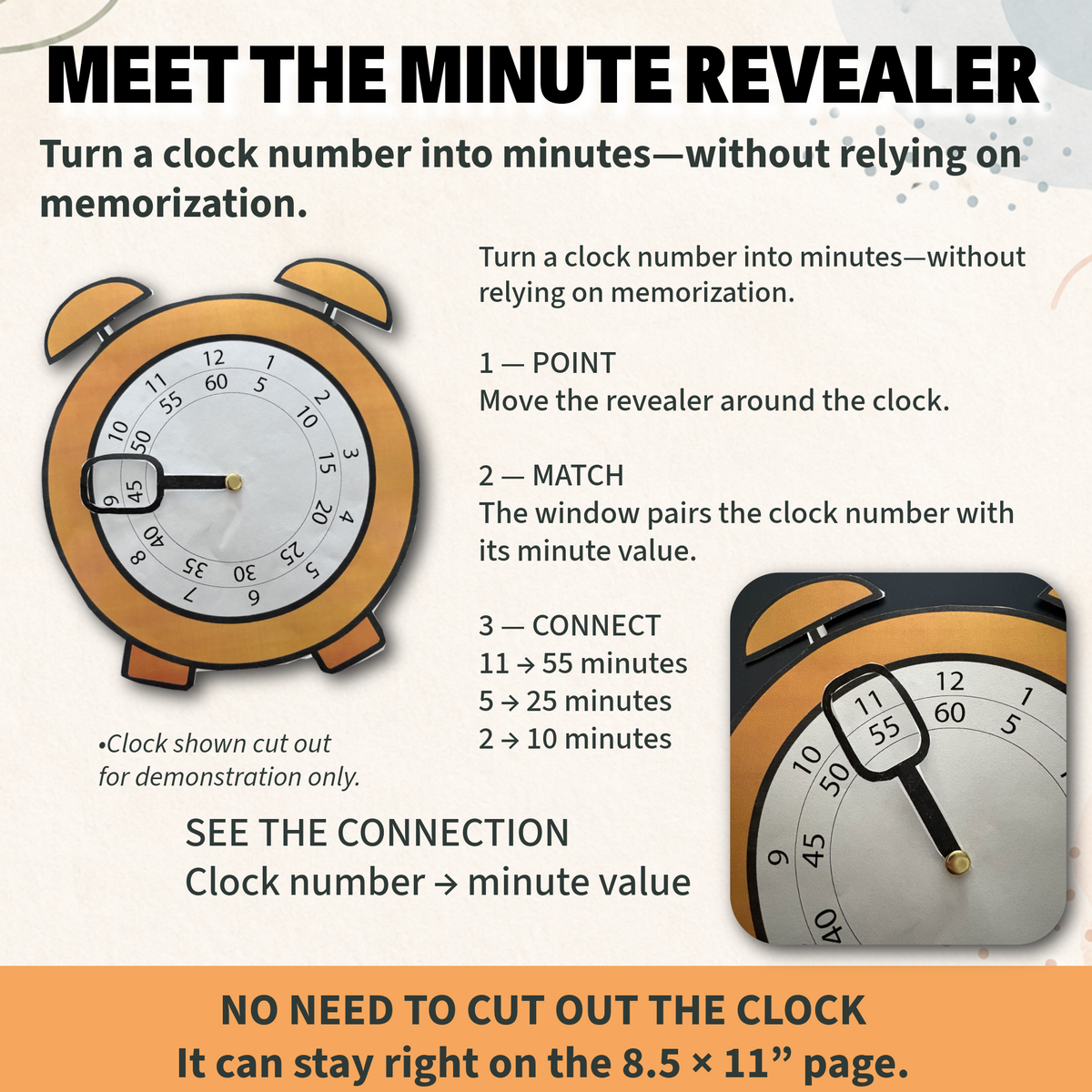 Meet the Minute Revealer thumbnail showing a cut out clock for telling time intervention.