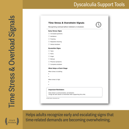 Time Without Time Sense | Dyscalculia Time Support Pack | Caregiver - Teacher Tools for Transitions, Planning & Regulation