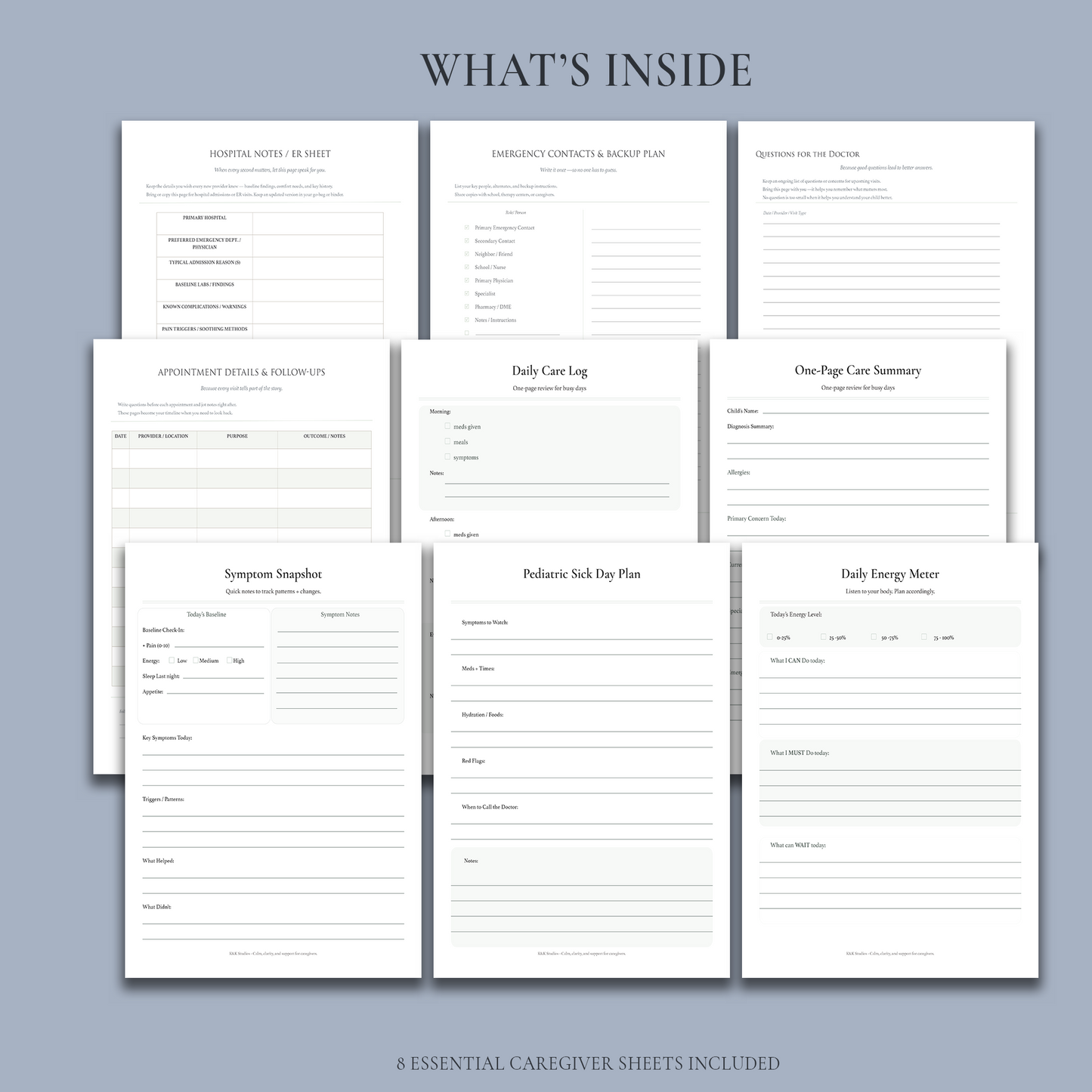 Pages from a caregiver planner on a light blue background