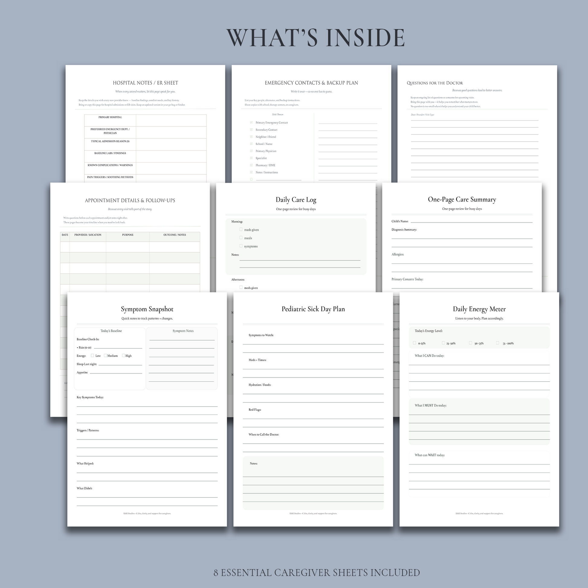Pages from a caregiver planner on a light blue background