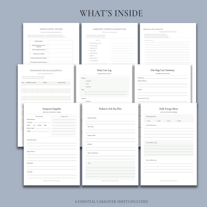 Pages from a caregiver planner on a light blue background