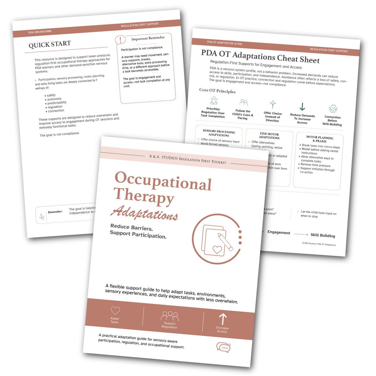 Three printed informational sheets fanned out together, with the center sheet titled 'Occupational Therapy Adaptations' and the surrounding sheets including 'Quick Start' and 'PDA OT Adaptations Cheat Sheet.' The pages are mostly white with dusty rose headings and black text, shown on a plain white background.