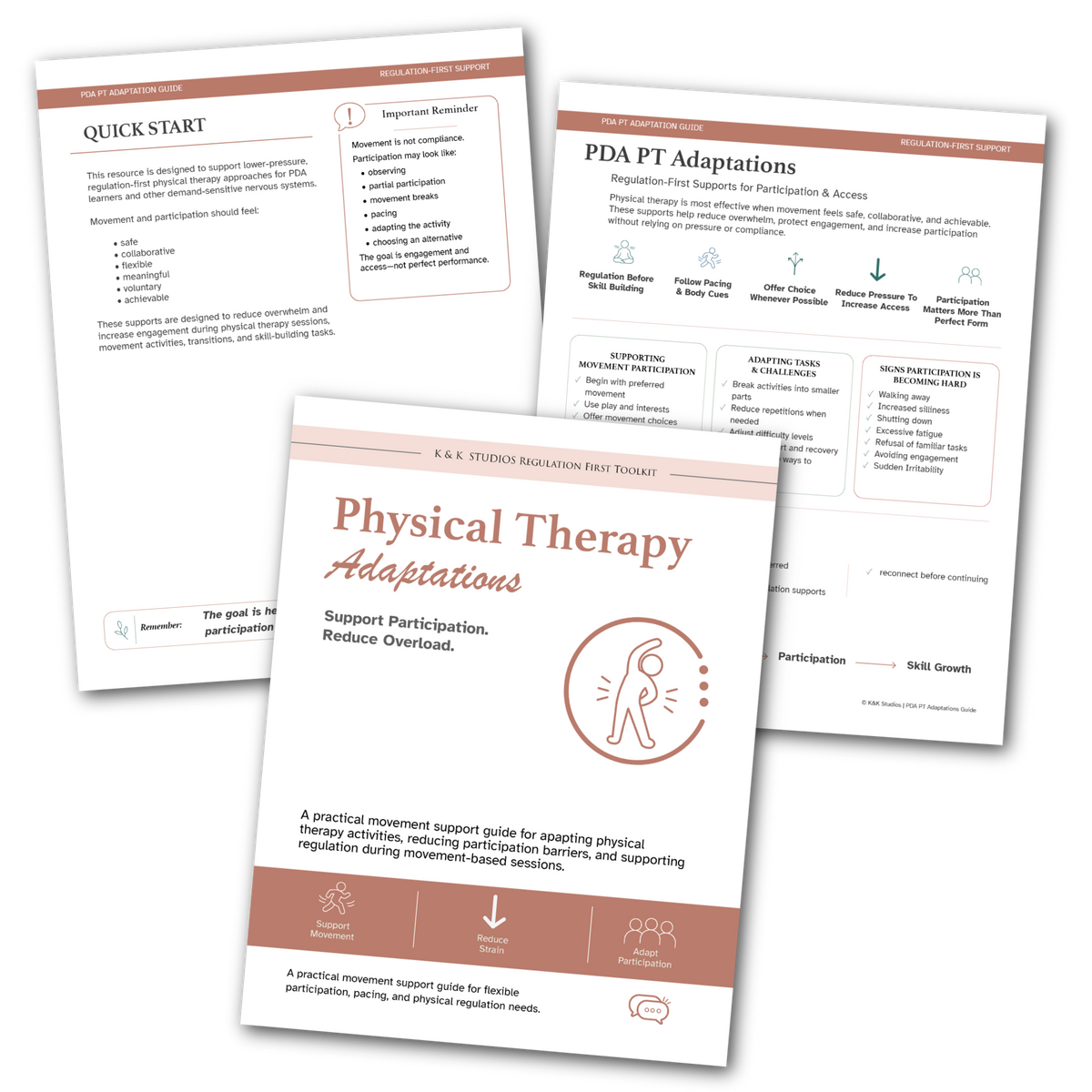 Physical Therapy Supports guide and sample pages for adapting movement activities for PDA learners.