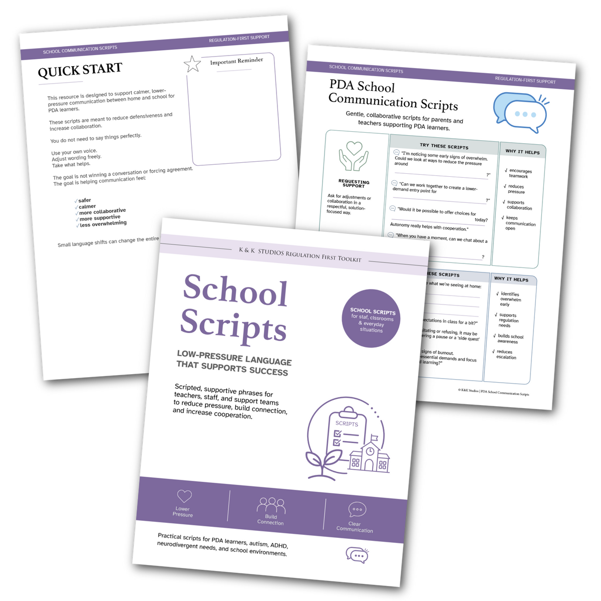 3 page spread of PDA School Scripts.