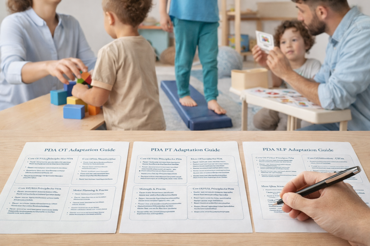 Children playing with toys and a man holding cards in a classroom setting, with educational materials on a table.